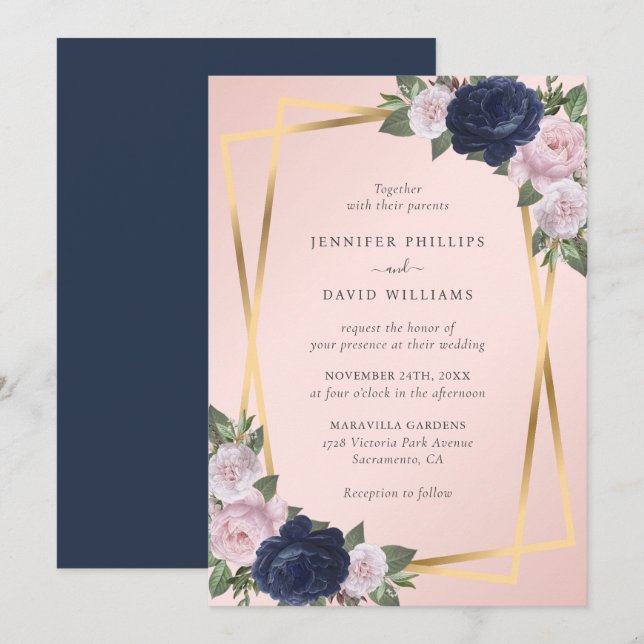 Elegant Geo Gold Navy Blue Blush Botanical Wedding Invitation (Front/Back)
