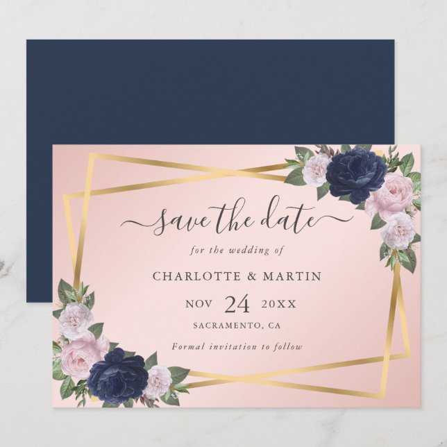 Elegant Geo Navy Blue Blush Gold Botanical Wedding Save The Date (Front/Back)