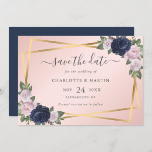 Elegant Geo Navy Blue Blush Gold Botanical Wedding Save The Date