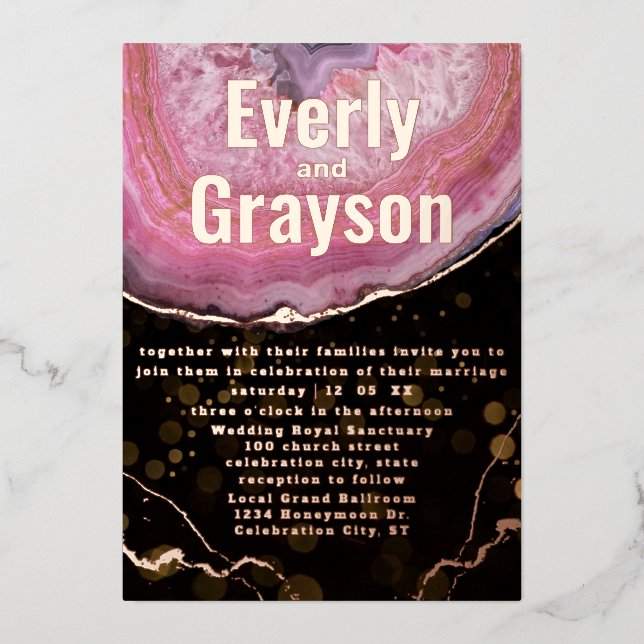 Elegant Geode Pink & Gold Wedding    Foil Invitati Invitation (Front)