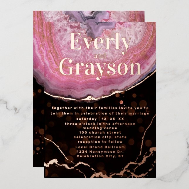 Elegant Geode Pink & Gold Wedding    Foil Invitati Invitation (Front/Back)