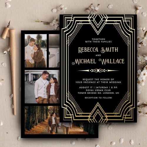 Elegant Geometric Art Deco Wedding Black Gold Foil Invitation