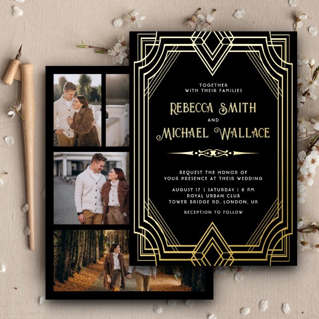 Elegant Geometric Art Deco Wedding Black Gold Foil Invitation (Creator Uploaded)