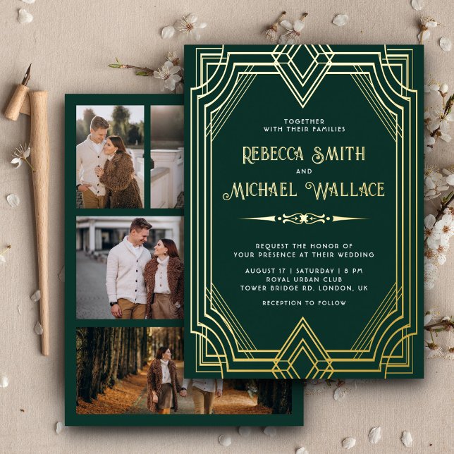 Elegant Geometric Art Deco Wedding Emerald Gold Foil Invitation (Creator Uploaded)