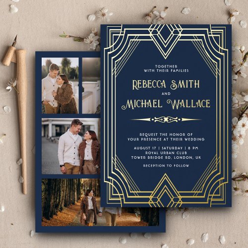 Elegant Geometric Art Deco Wedding Navy Blue Gold Foil Invitation