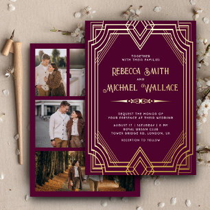 Elegant Geometric Art Deco Wedding Plum Gold Foil Invitation
