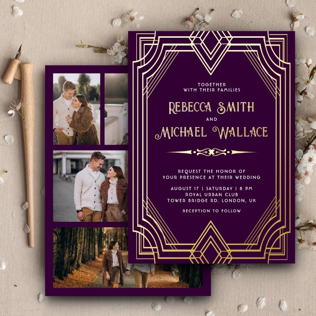 Elegant Geometric Art Deco Wedding Purple Gold Foil Invitation (Creator Uploaded)