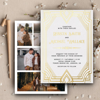 Elegant Geometric Art Deco Wedding White Gold Foil Invitation by ShabzDesigns at Zazzle
