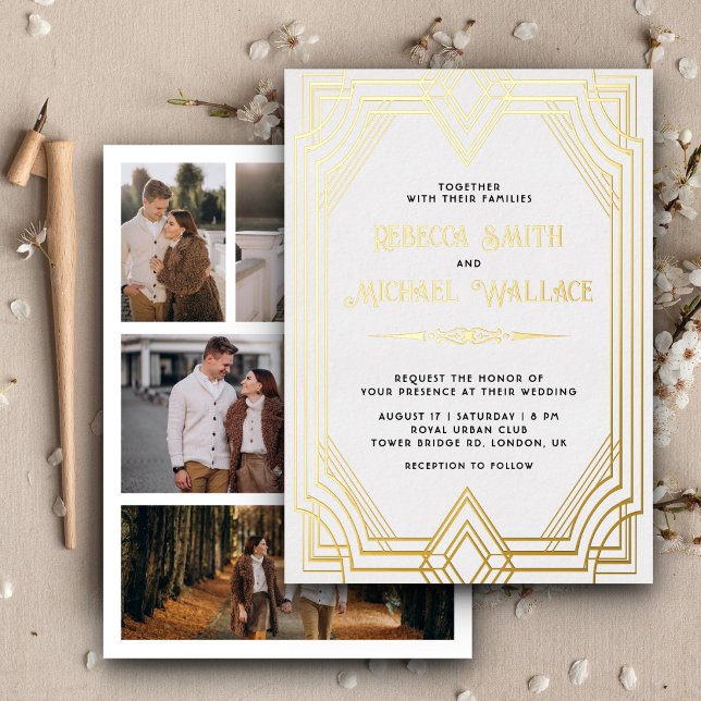 Elegant Geometric Art Deco Wedding White Gold Foil Invitation (Creator Uploaded)