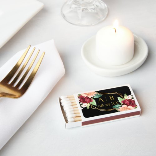 Elegant Geometric Black Gold  Floral Monogrammmed  Matchboxes