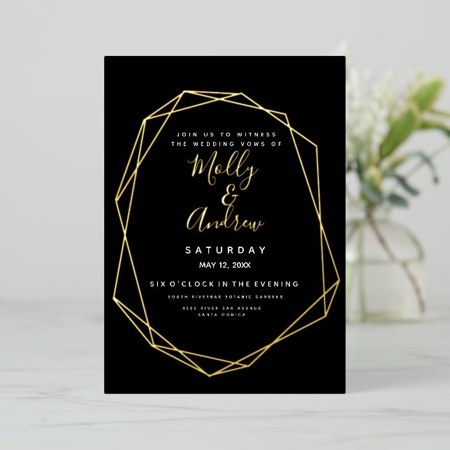 Elegant Geometric Black & Gold Modern Wedding Foil Invitation (Standing Front)