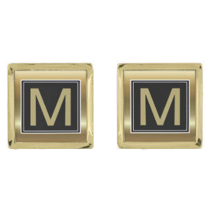 Elegant Geometric Black Gold Monogram Cufflinks
