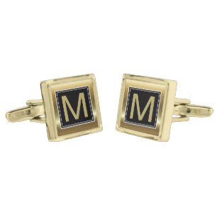 Elegant Geometric Black Gold Monogram Cufflinks