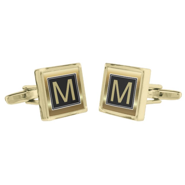 Elegant Geometric Black Gold Monogram  Cufflinks (Angled)