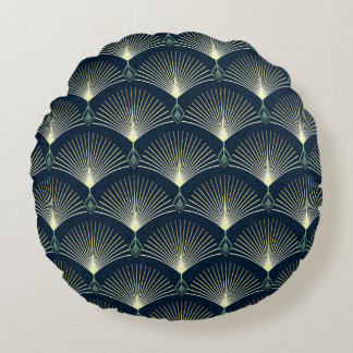 Elegant Geometric: Blue Art Deco. Round Pillow