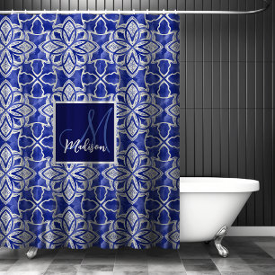 Elegant Geometric Blue Grey Initial Monogram Shower Curtain