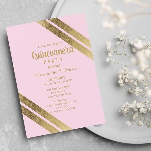 Elegant Geometric Blush Pink Gold Quinceaera Invitation Postcard