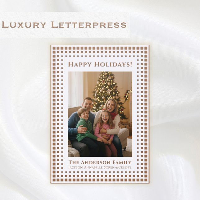 Elegant Geometric Border Personalized Holiday Letterpress Photo Cards (A modern geometric letterpressed border frames your photo on this luxury holiday card.)