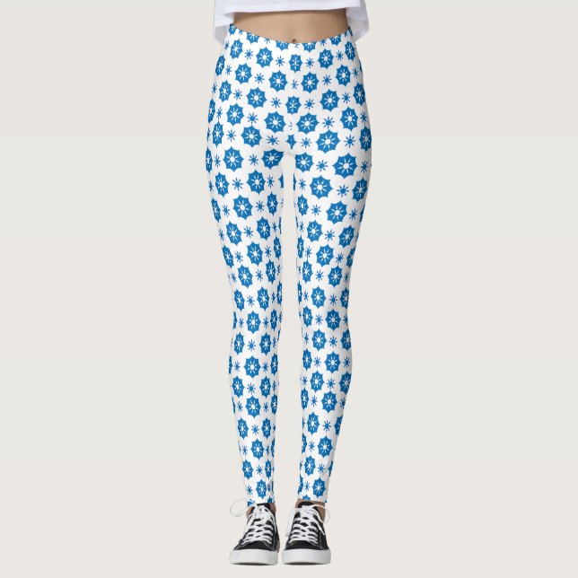 Elegant Geometric Floral Blue And White Pattern Leggings (Front)