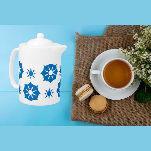 Elegant Geometric Floral Blue And White Pattern Teapot