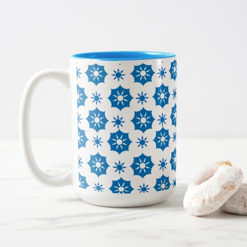 Elegant Geometric Floral Blue And White Pattern Two_Tone Coffee Mug