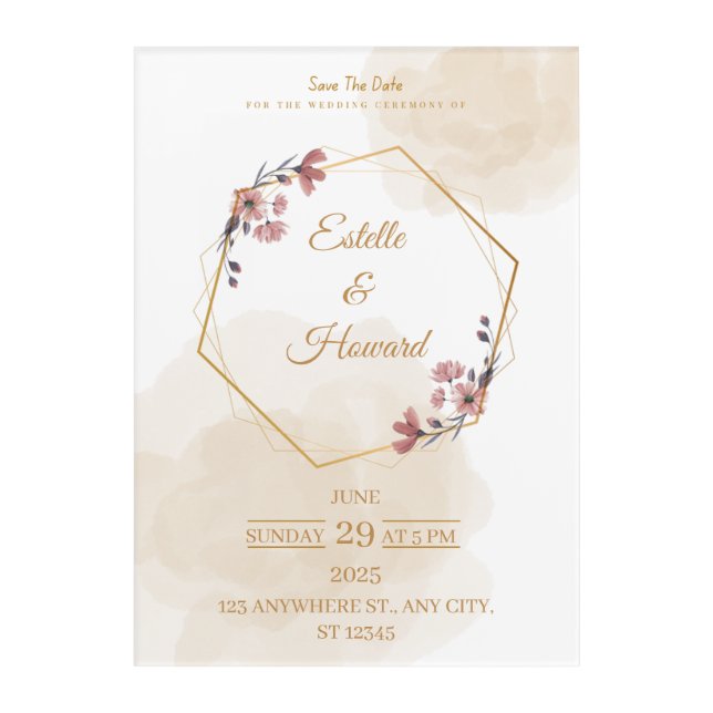 Elegant Geometric Floral Save The Date Card Acrylic Print (Front)