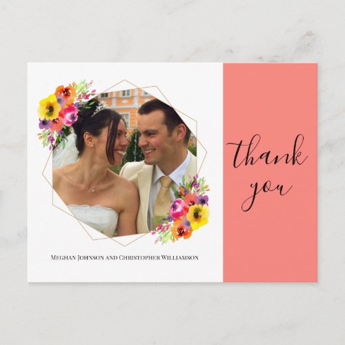 Elegant Geometric Floral Wedding Photo Thank You Postcard