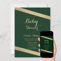 Green and gold store baby shower invitations