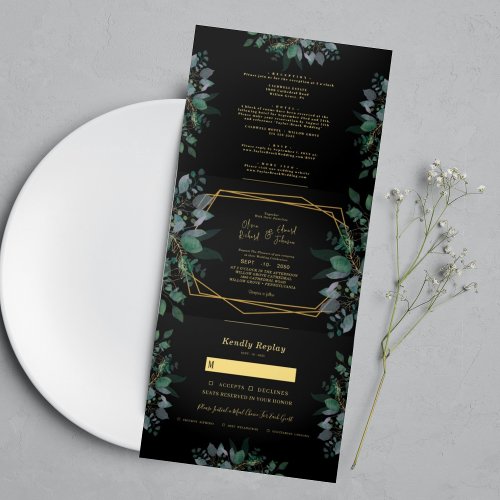 Elegant Geometric frame Black photo Wedding Tri_Fold Invitation