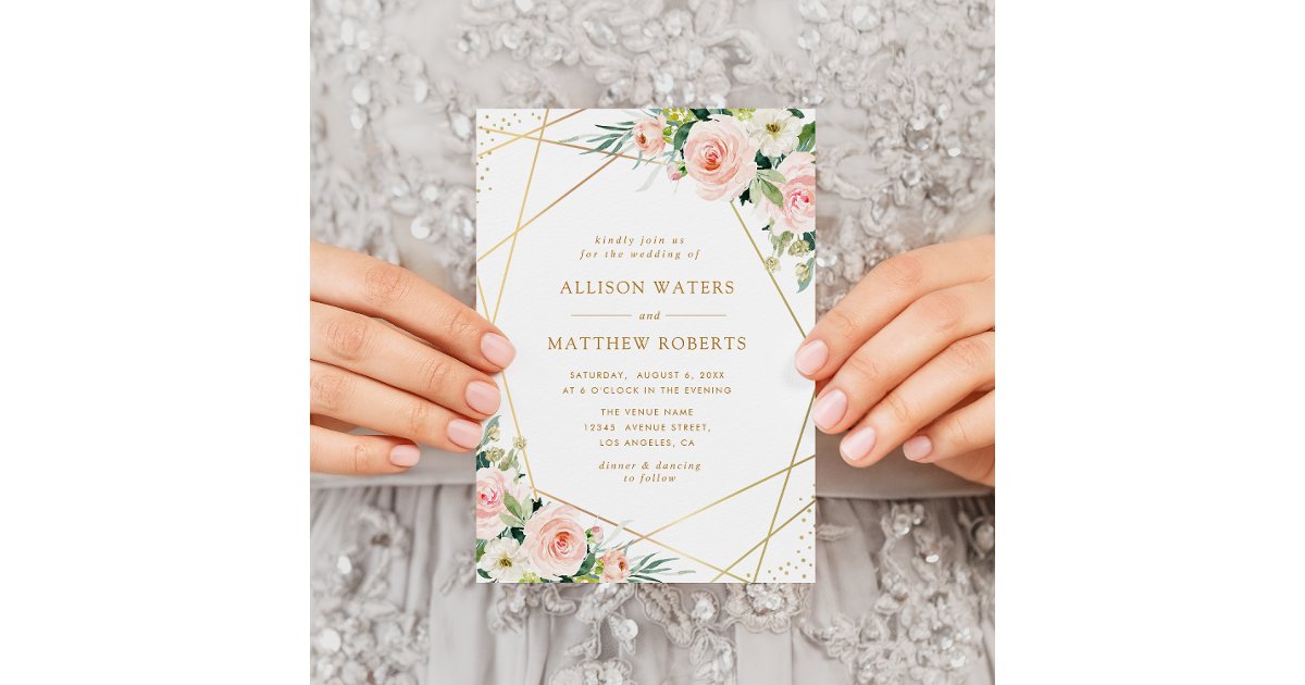 elegant geometric frame blush pink floral wedding invitation | Zazzle