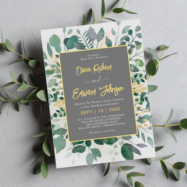 Elegant Geometric Frame foliage , Gray Wedding Invitation (Creator Uploaded)