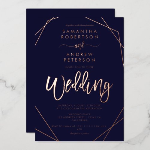 Elegant geometric frame navy blue script wedding  foil invitation