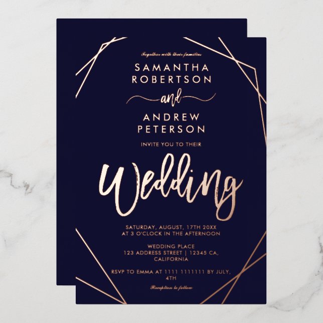 Elegant geometric frame navy blue script wedding  foil invitation (Front/Back)