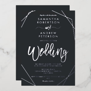 Elegant geometric frame silver script wedding foil invitation