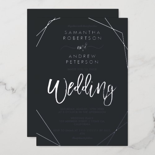Elegant geometric frame silver script wedding foil invitation