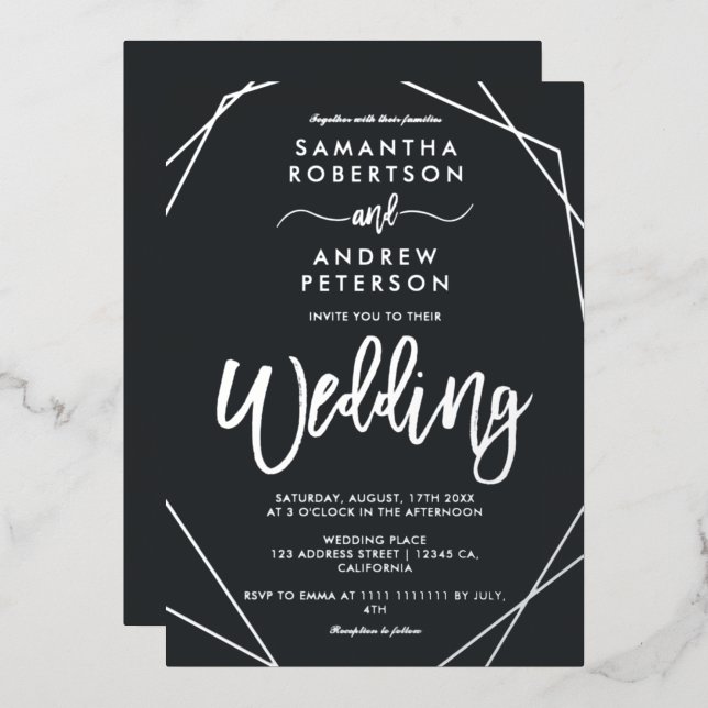 Elegant geometric frame silver script wedding foil invitation (Front/Back)