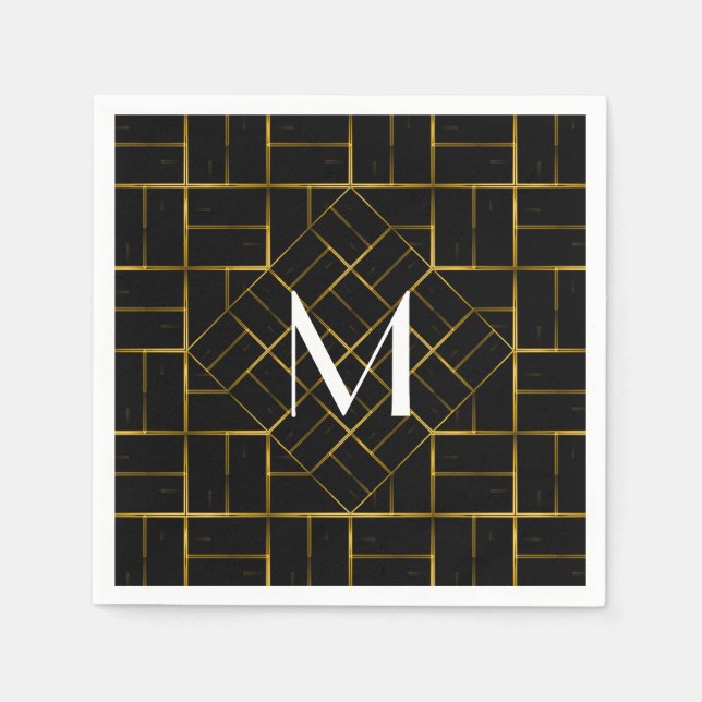 Elegant Geometric Gold Art Deco Pattern  Monogram Napkins (Front)