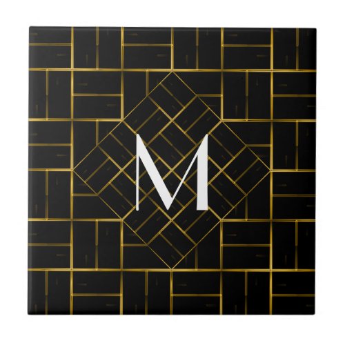 Elegant Geometric Gold Art Deco Pattern  Monogram Tile
