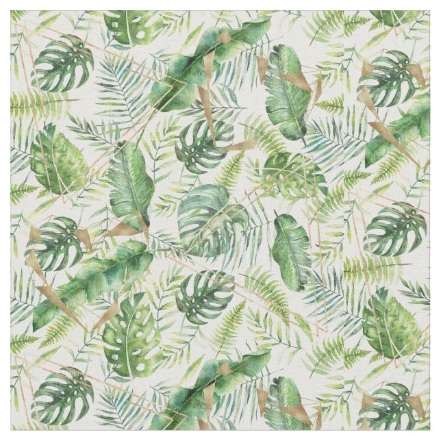 Elegant Geometric Gold Exotic Tropical Greenery Fabric (Close Up)