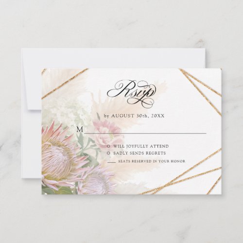 Elegant Geometric Gold Floral Pink Protea Wedding  RSVP Card