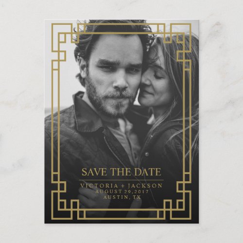 ELEGANT GEOMETRIC GOLD FRAME PHOTO SAVE THE DATE ANNOUNCEMENT POSTCARD