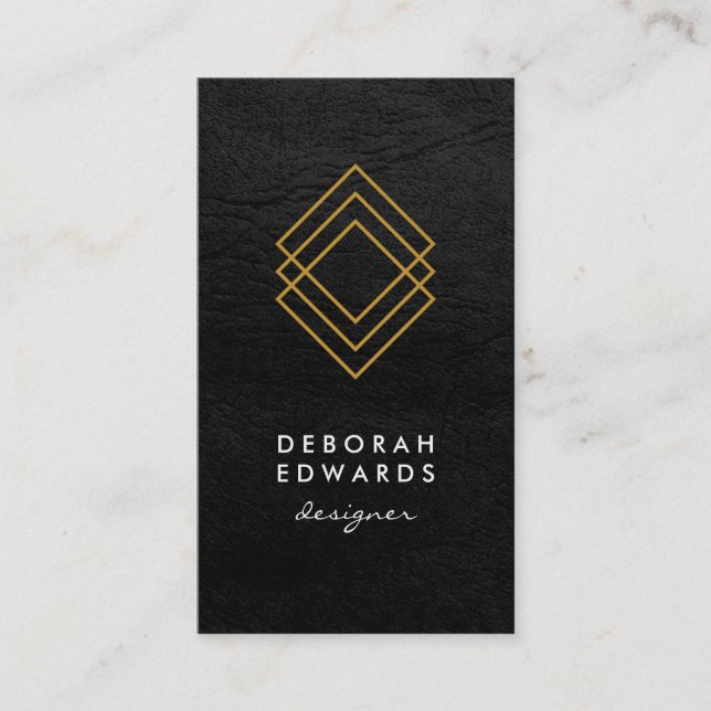 Elegant Geometric Gold Squares Faux Leather Business Card (Front)