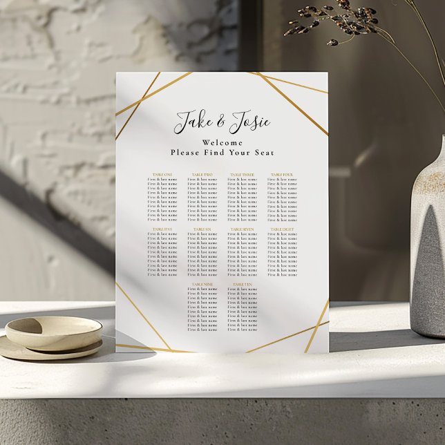 Elegant Geometric Gold Wedding Seating Chart (Gold geometric border around a wedding reception seating arrangement guide. Bride and groom names.)