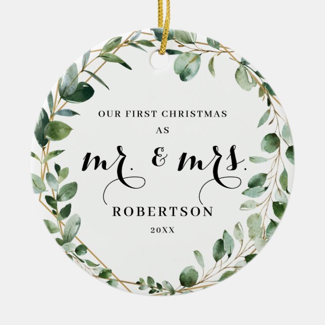 Elegant Geometric Greenery First Christmas Ceramic Ornament (Front)