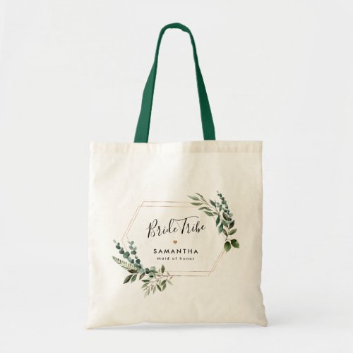 Elegant Geometric Greenery Leaves Bridal Party Tote Bag