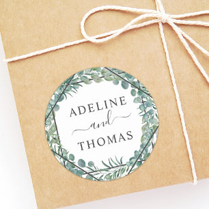 Elegant Geometric Greenery Monogram Wedding Classic Round Sticker