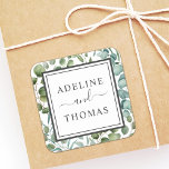 Elegant Geometric Greenery Wedding Monogram Square Sticker<br><div class="desc">Elegant wedding favor stickers are designed with modern organic style, combining a geometric square frame with botanical green foliage and beautiful typography. The watercolor greenery design includes eucalyptus, leaves, and silver dollar eucalyptus branches in soft verdant shades of mint, green, olive, and muted blue green. Perfect for a spring or...</div>