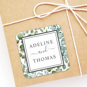 Elegant Geometric Greenery Wedding Monogram Square Sticker
