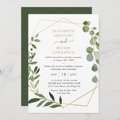 Elegant Geometric Greenery Wedding Reception Invitation - This elegant and customizable Wedding Reception Invitation features an geometric gold frame adorned with beautiful watercolor greenery foliage & has been paired with a whimsical calligraphy and a classy serif font in gold and gray. To make advanced changes, please select "Click to customize further" option under Personalize this template.