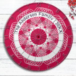 Elegant Geometric Line Art Red White Personalized Dart Board<br><div class="desc">Elevate your games room with this intriguing dartboard. The board features an intricate geometric pattern in white on red, with curved lines creating a detailed line art design. The effect is like a crochet lace mat or a beautifully symmetrical abstract flower. Personalize with with your name(s) and the year for...</div>